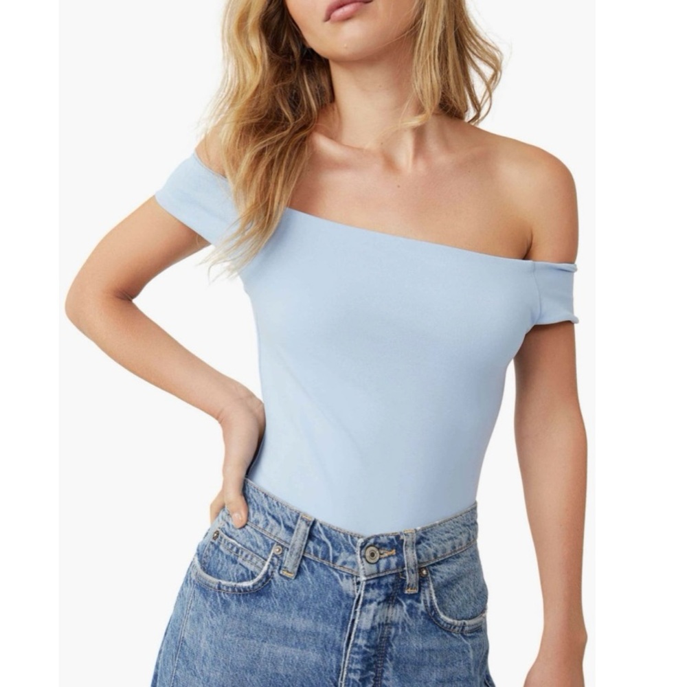 Free People Light Blue Off to the Races Off the Shoulder Bodysuit